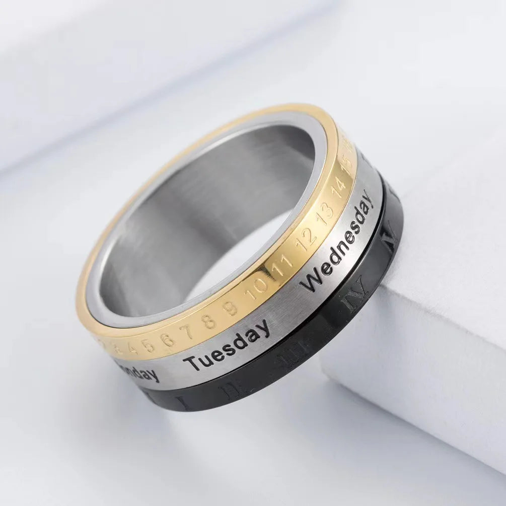 Titanium Steel Cool Punk Spinner Male Date Time Calendar Creative Rotatable 3 Part Roman Numerals Ring Mens Anxiety Fidget Rings Qme 1 12