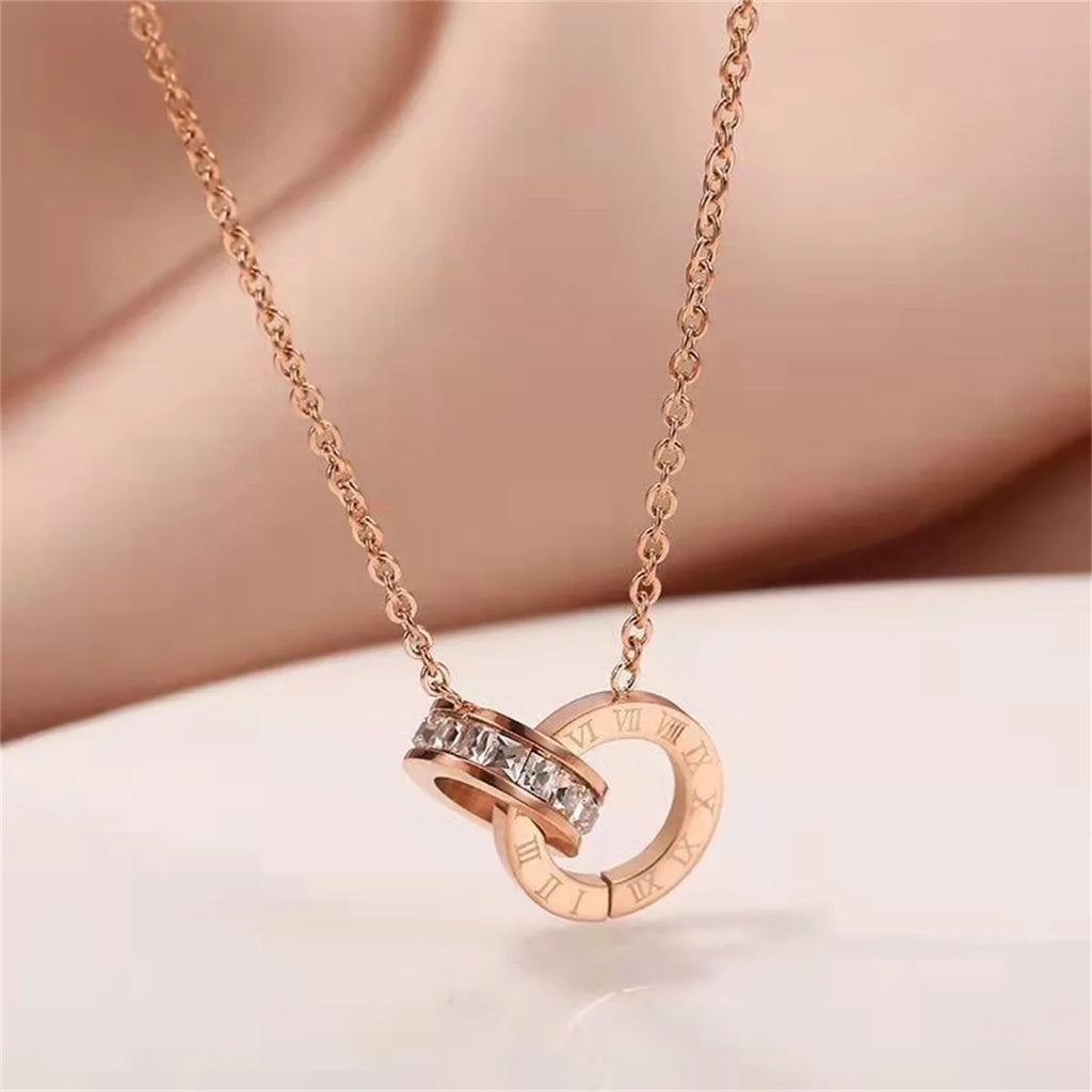 Fashion Plated Stainless Steel Interlocking Circles Infinity Style Roman Numbers Wedding Statement Collar Necklace For Women Qme