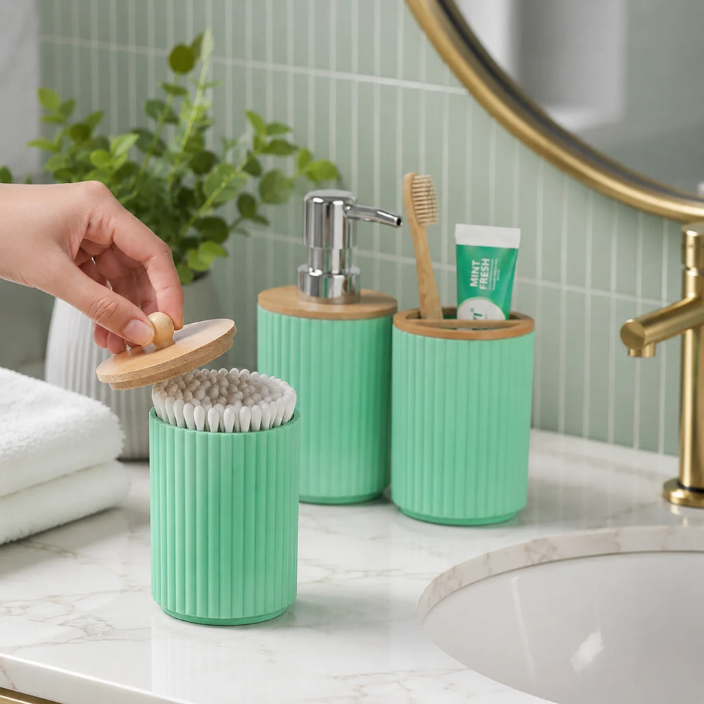 Bathoorm Accessories Set Modern Farmhouse Ribbed Bathroom Decor Set with Liquid Soap Dispenser Toothbrush Holder Cotton Swab Jar Qme