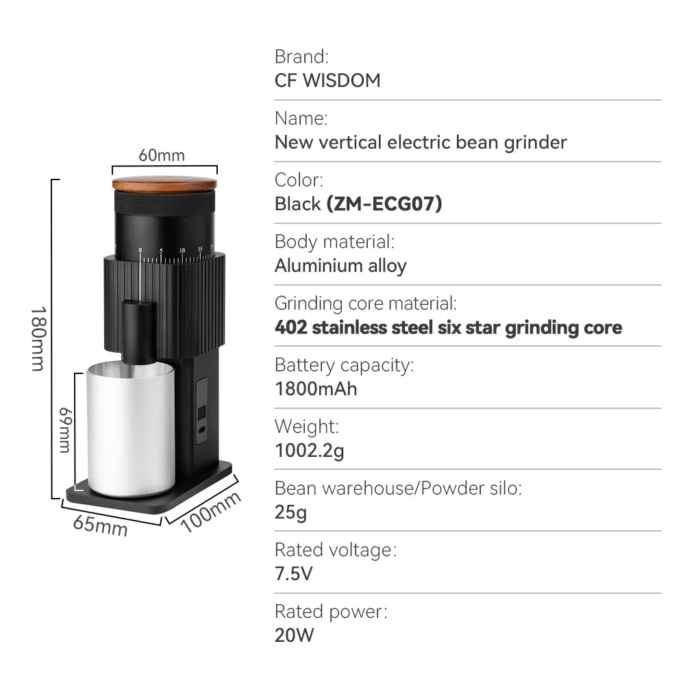 Portable Electric Coffee Grinder Rechargeable Stainless Steel Qme ZM-ECG07