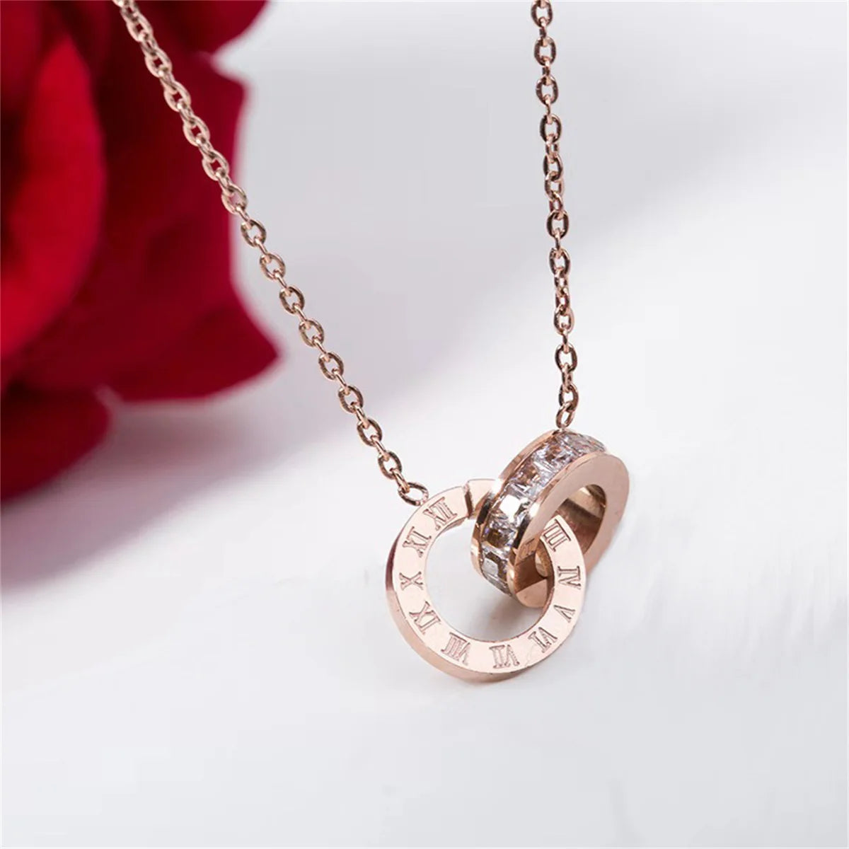 Fashion Plated Stainless Steel Interlocking Circles Infinity Style Roman Numbers Wedding Statement Collar Necklace For Women Qme 1