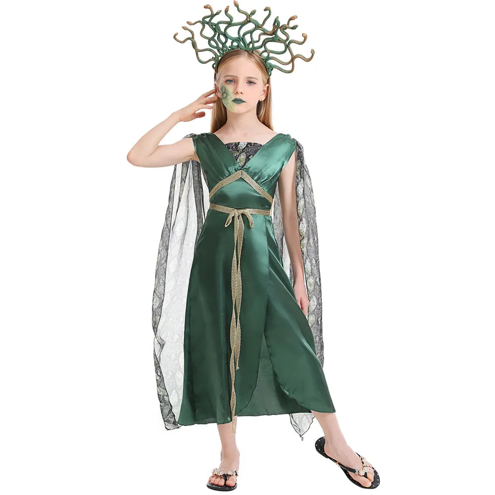 Girl Medusa Cosplay Costumes Greek Mythology Gorgon Medusa Gorgon Dress Headdress Kids Halloween Performance Outfit Qme
