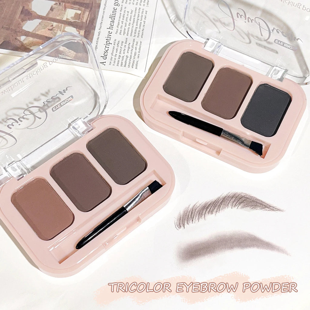 Matte 3-Color Brow Powder Palette Brush Natural 3D Shape Waterproof Qme