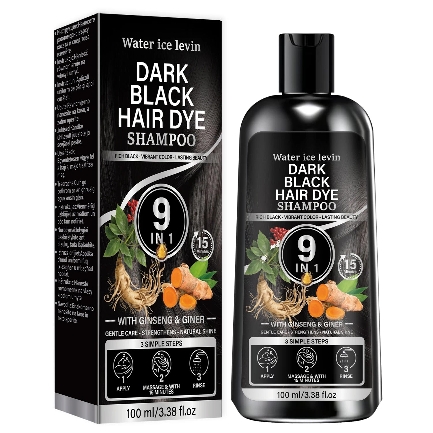 Water Ice Levin Plant Black Hair Dye Shampoo 100ml Ginseng Ginger Mild Coloring Nourish Scalp Long Lasting Hair Care Qme Smoothing & Straightening