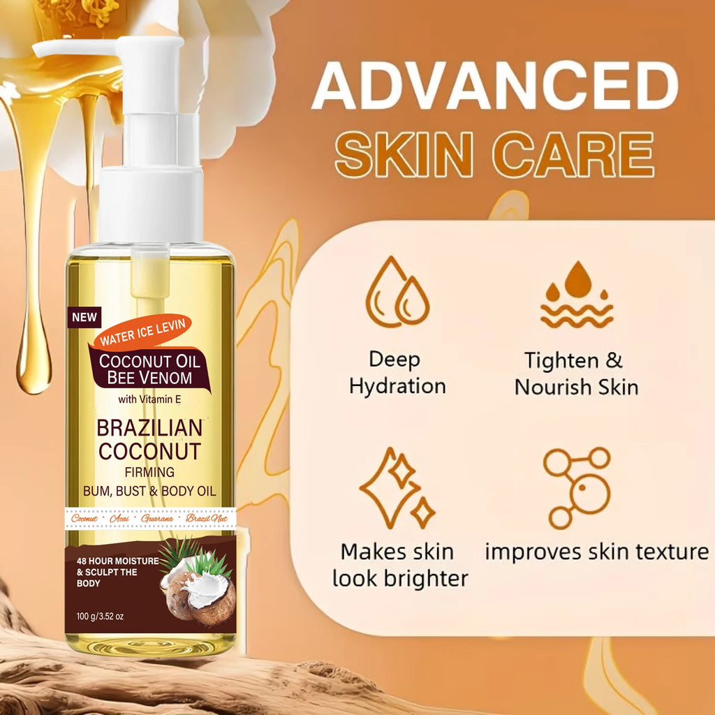 Brazilian Coconut Firming Body Oil, 48H Moisture & Sculpting with Acai, Guarana & Hyaluronic Acid for Bum & Bust Qme