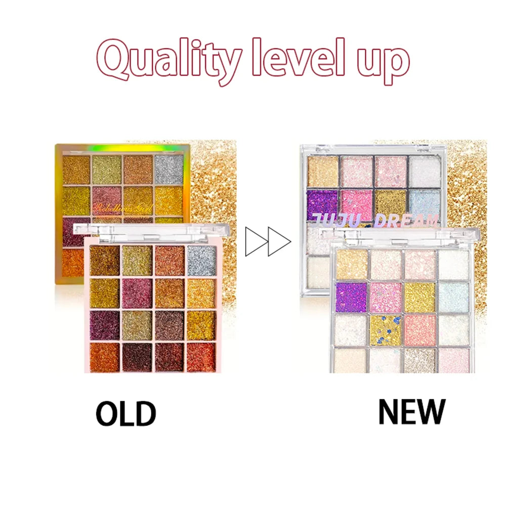 16-Color Glitter Eyeshadow Pumpkin Cherry Blue Purple Shades Bold Qme