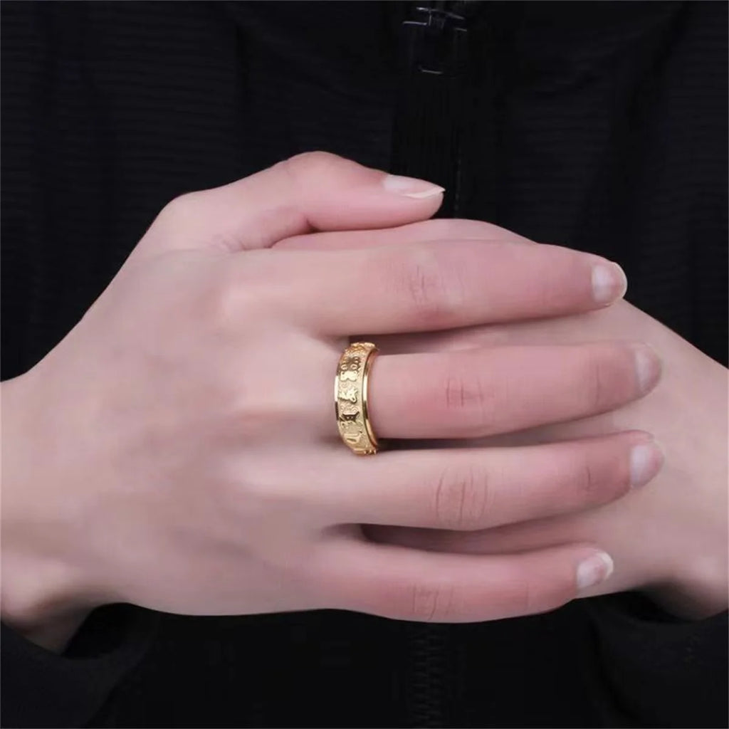 Fashion Rotatable Ring for Men Women Titanium Steel Buddhist Ring Om Mani Padme Hum Vintage Fashion Rings Men and Women Qme