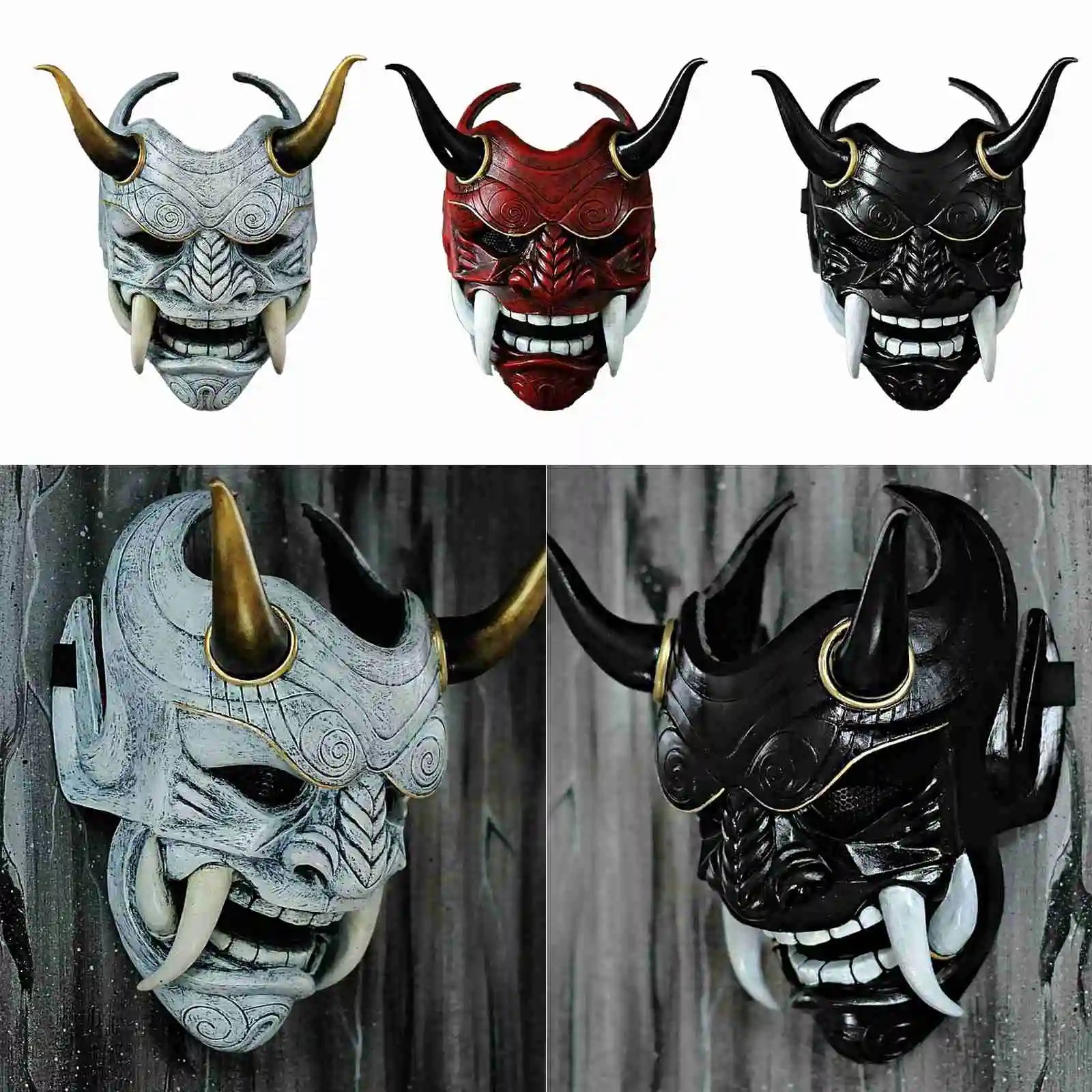 Japanese Hannya Demon Mask Ghost Oni Samurai Noh Kabuki Red Prajna Latex Mask Adult Unisex Halloween Cosplay Props Qme