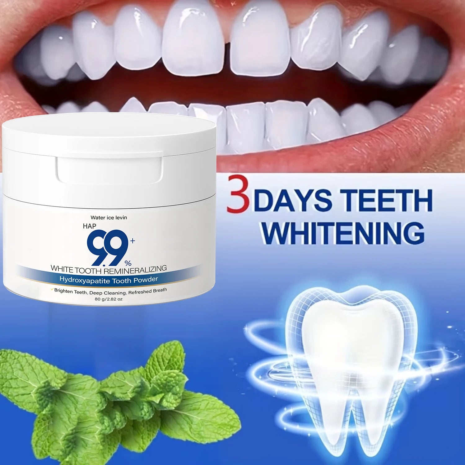 99% HAP Hydroxyapatite Tooth Powder, Remineralizing & Deep Cleaning with Charcoal, Hyaluronic Acid & Collagen for Bright Teeth Qme