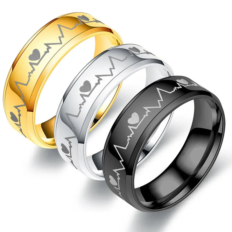 6mm Punk Rings Men/Women Titanium Steel Black Electrocardiogram Wave heartbeat Ring Fashion Jewelry Simple Style Qme