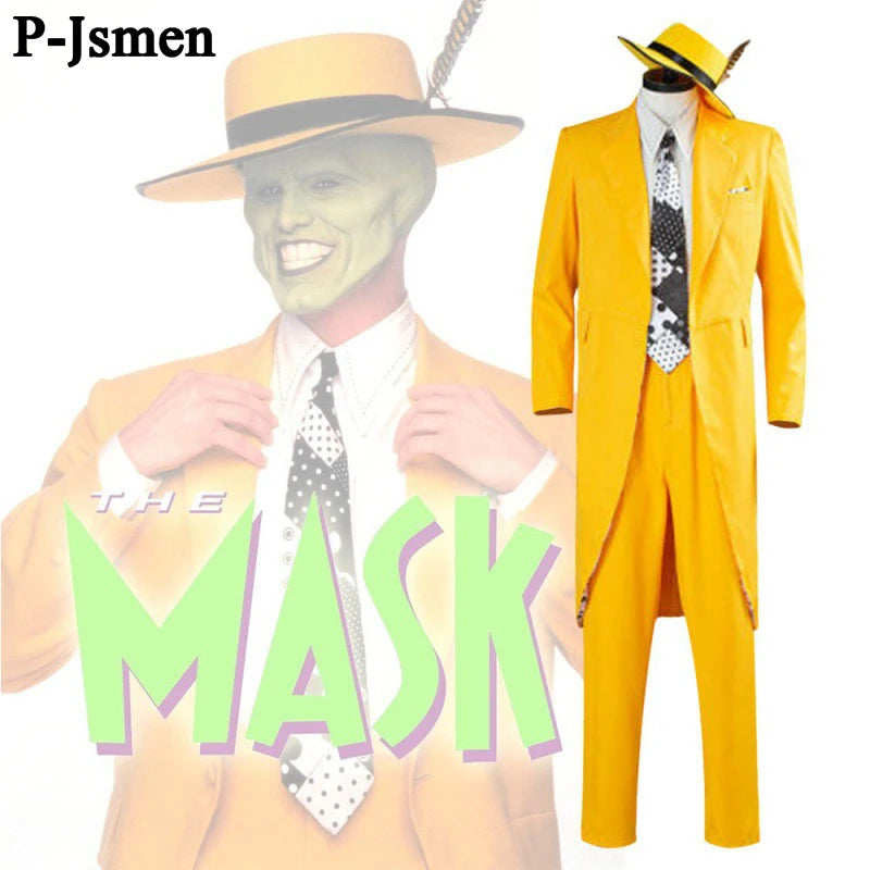 P-Jsmen The Mask Jim Carrey Cosplay Costume Adult Men Yellow Suit Uniform Outfits praty Halloween Carnival Costumes Qme