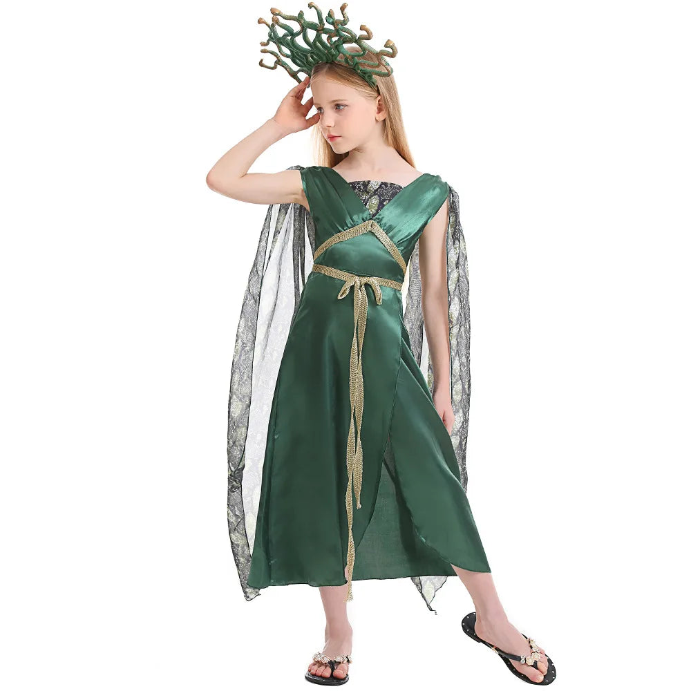 Girl Medusa Cosplay Costumes Greek Mythology Gorgon Medusa Gorgon Dress Headdress Kids Halloween Performance Outfit Qme