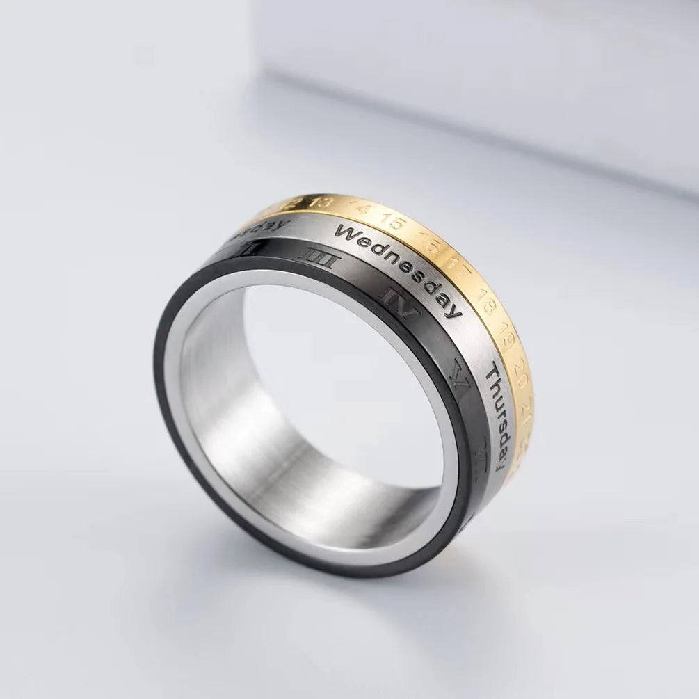 Titanium Steel Cool Punk Spinner Male Date Time Calendar Creative Rotatable 3 Part Roman Numerals Ring Mens Anxiety Fidget Rings Qme