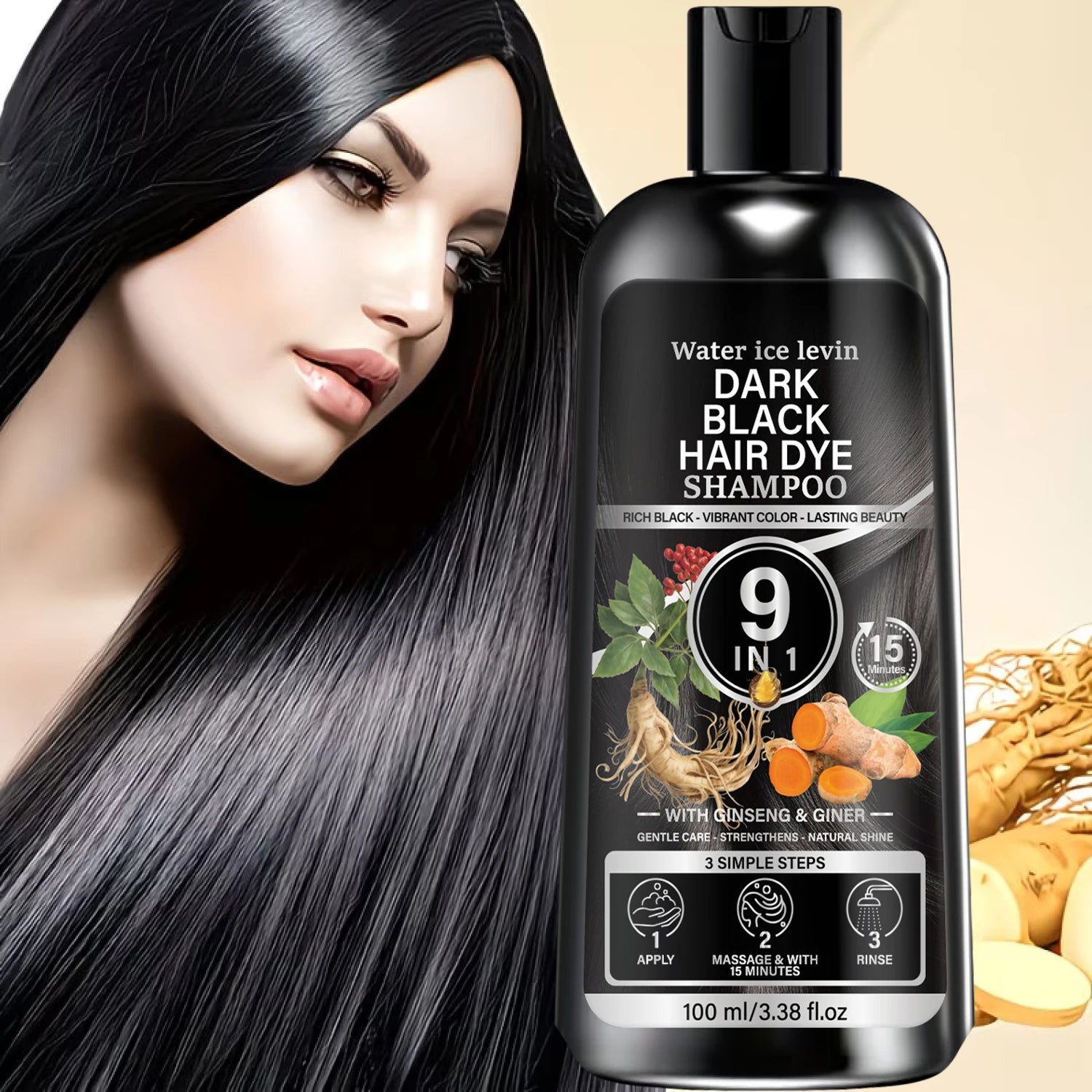 Water Ice Levin Plant Black Hair Dye Shampoo 100ml Ginseng Ginger Mild Coloring Nourish Scalp Long Lasting Hair Care Qme