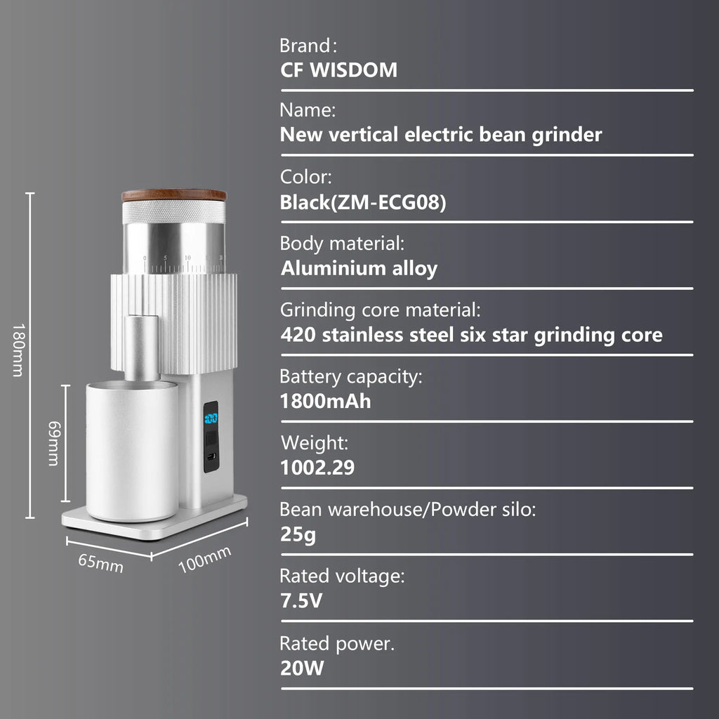 Coffee Grinder Electric Adjustable Bean Burr USB Portable Mill Pour Qme ZM-ECG08