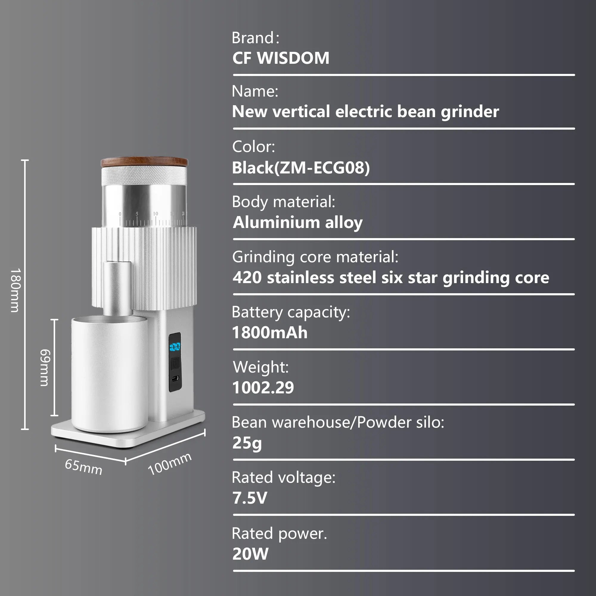Coffee Grinder Electric Adjustable Bean Burr USB Portable Mill Pour Qme ZM-ECG08