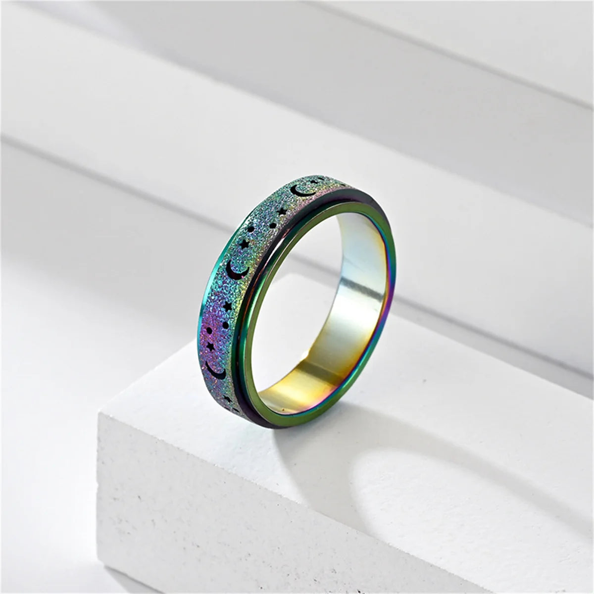 Frosted Stainless Steel Moon And Star Fidget Rings For Men Anti Stress And Anxiety Rotating Ring Fidget Metal Spinner Anillos Qme 2 6