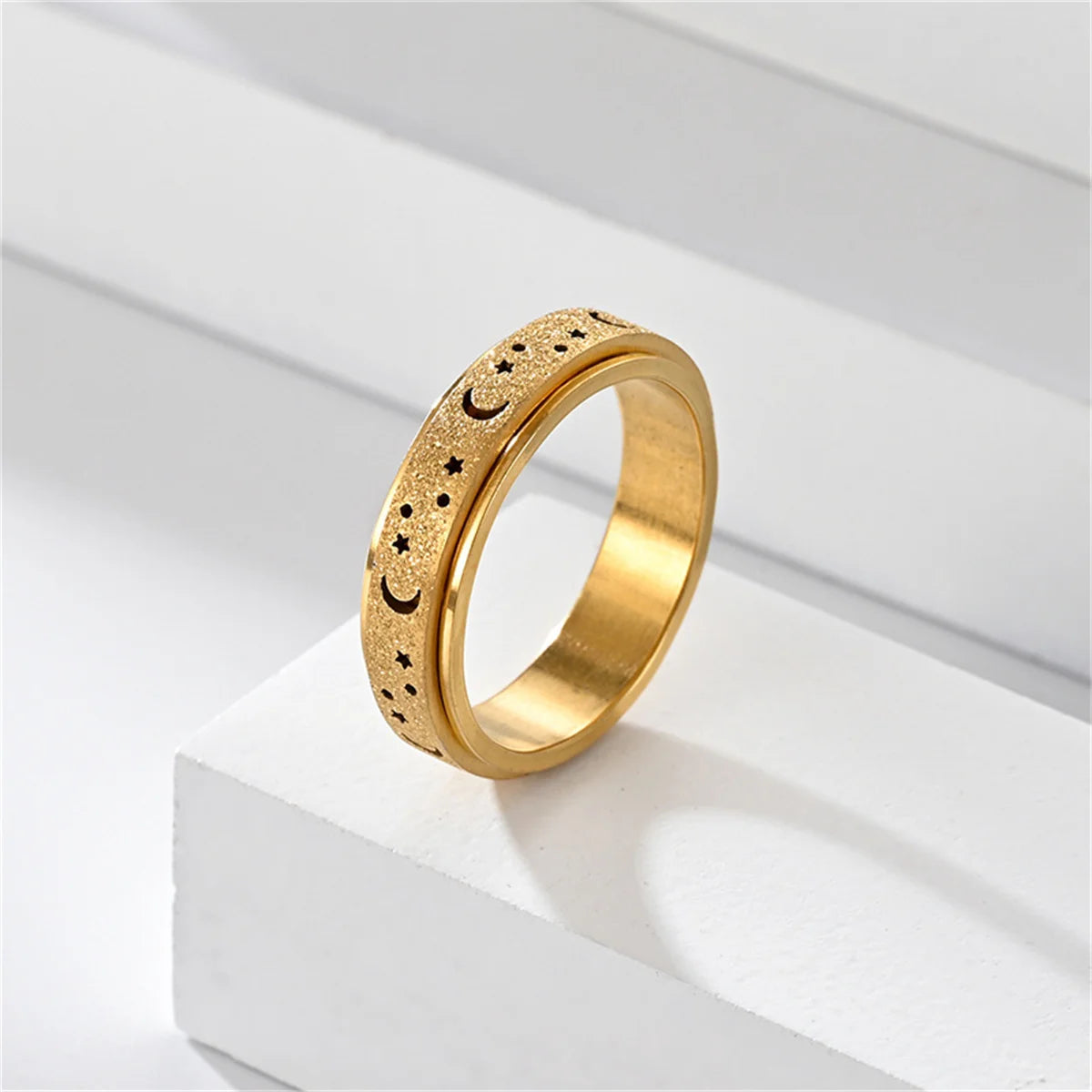 Frosted Stainless Steel Moon And Star Fidget Rings For Men Anti Stress And Anxiety Rotating Ring Fidget Metal Spinner Anillos Qme 1 8