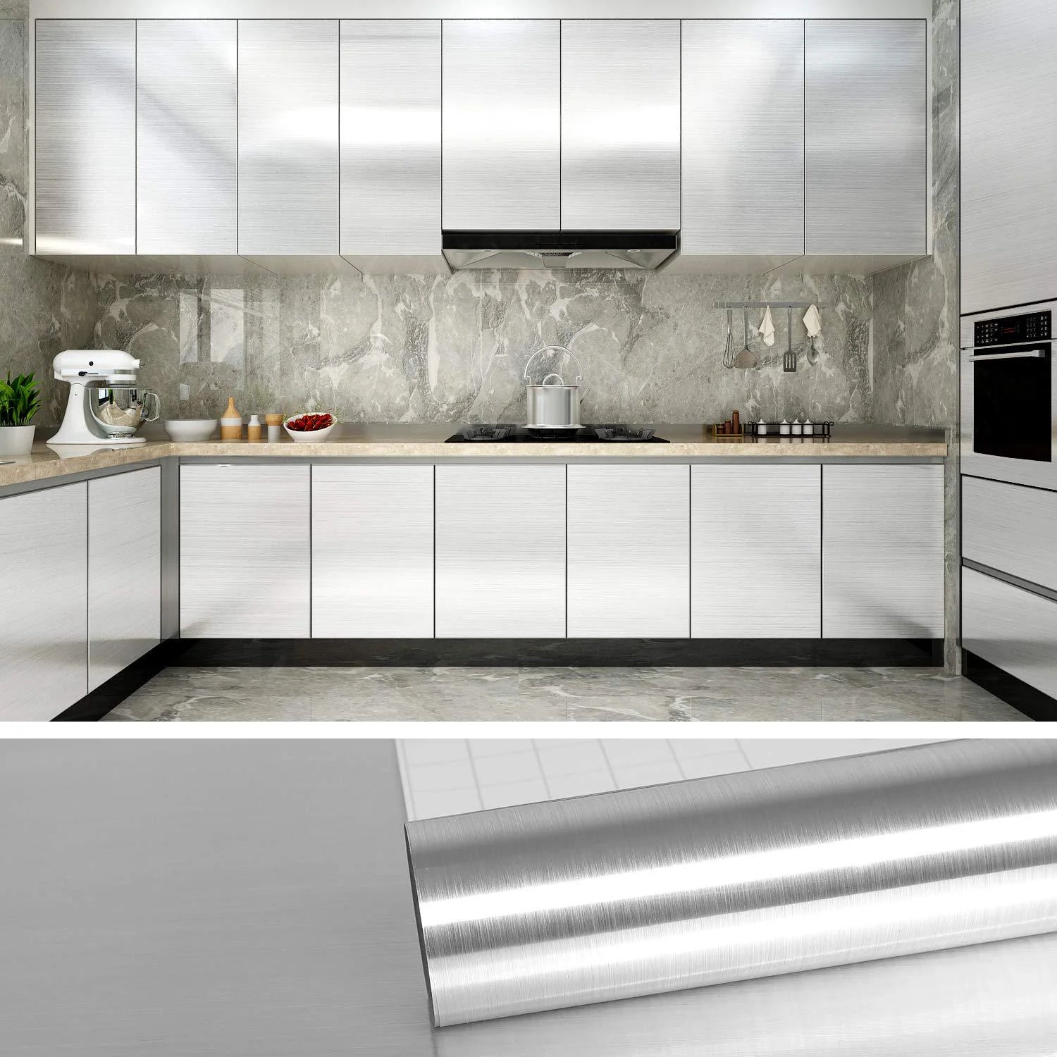 Brushed Silver Pattern Wallpaper Decorative Film Waterproof Oil Proof Qme A 40CMX10M