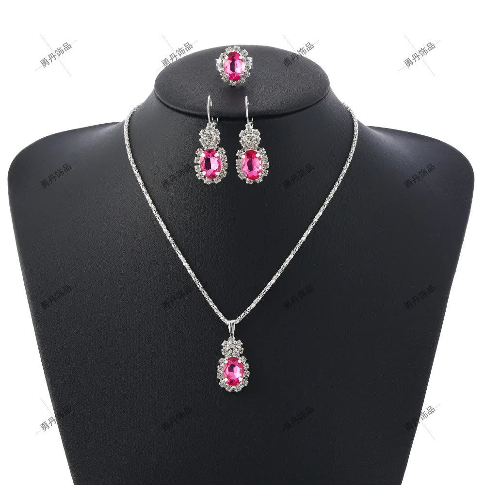 3ps Set Fashion Water Drop White Blue Red Purple Black Temperament Jewelry Sets for Party Women Pendant/Necklace/Earrings/Rings Qme