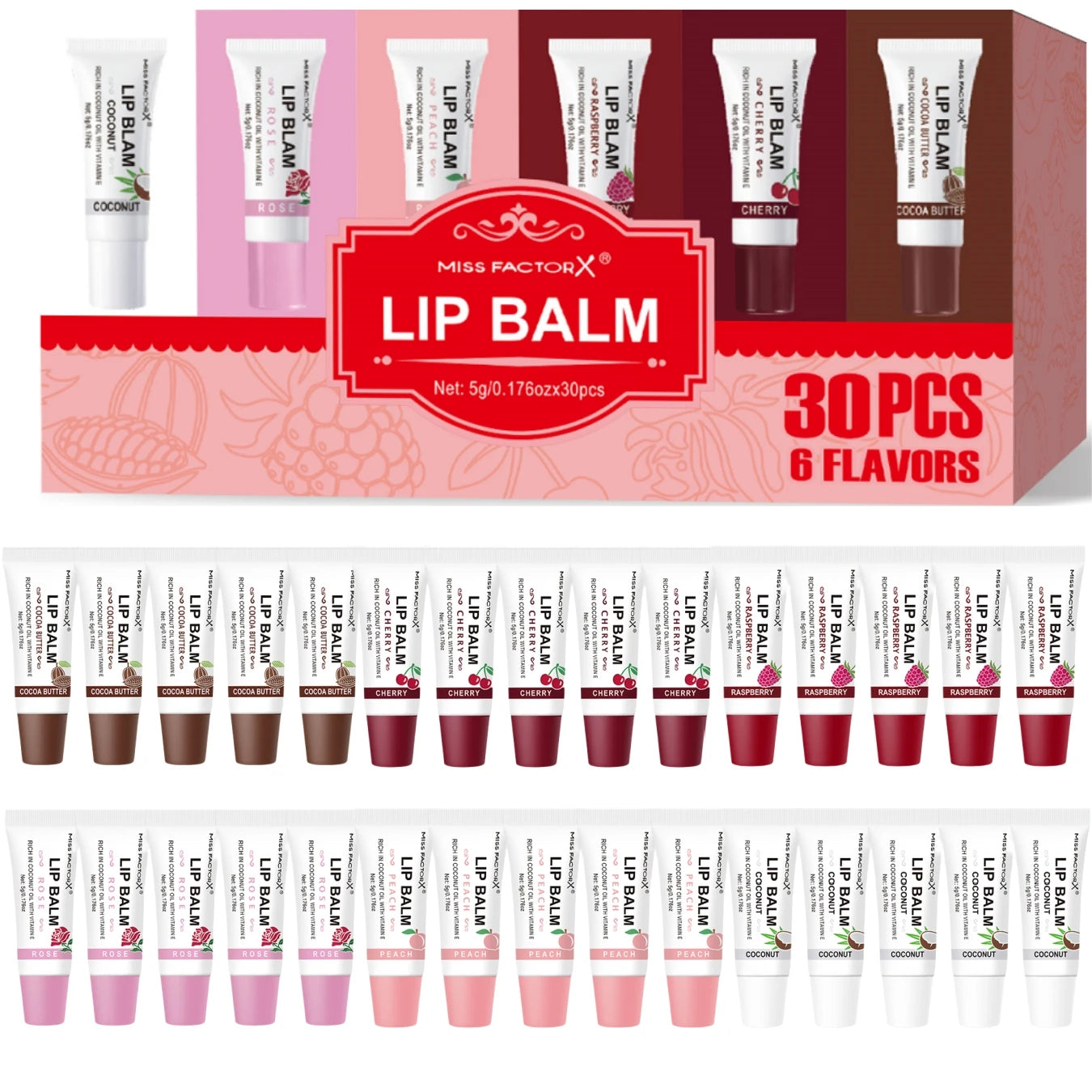 30-piece MISS FACTORX Hyaluronic Acid and Collagen Infused Lipstick - Deep Moisturizing, Long-lasting Lip Color, the perfect gif Qme Lip Balm Set