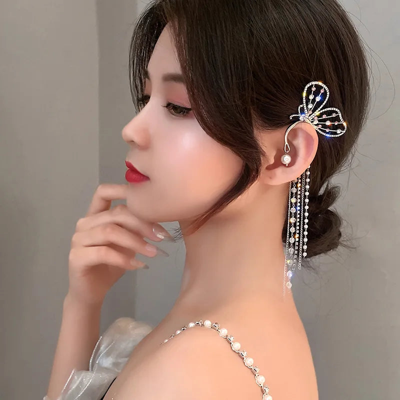Creativity Exaggerate Silver Color Tassel Butterfly Ear Clips Women Ear Cuff Clip Fairy Earrings Without Piercing Sparkling Qme