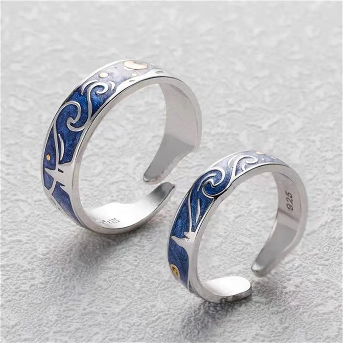 Romantic Star Moon Couple Rings Blue Starry Night Rings For Women Man Lovers Promise Engagement Wedding Ring Art Jewelry Girl Qme