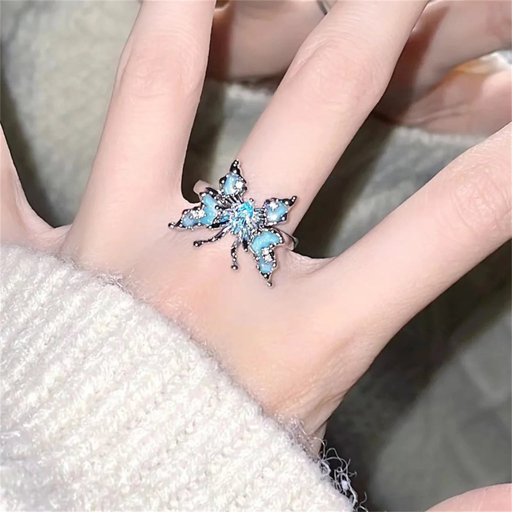 Exquisite Blue Butterfly Pearl Rings for Women Crystal Rhinestones Engagement Ring Bridal Wedding Anniversary Gift Jewelry Qme