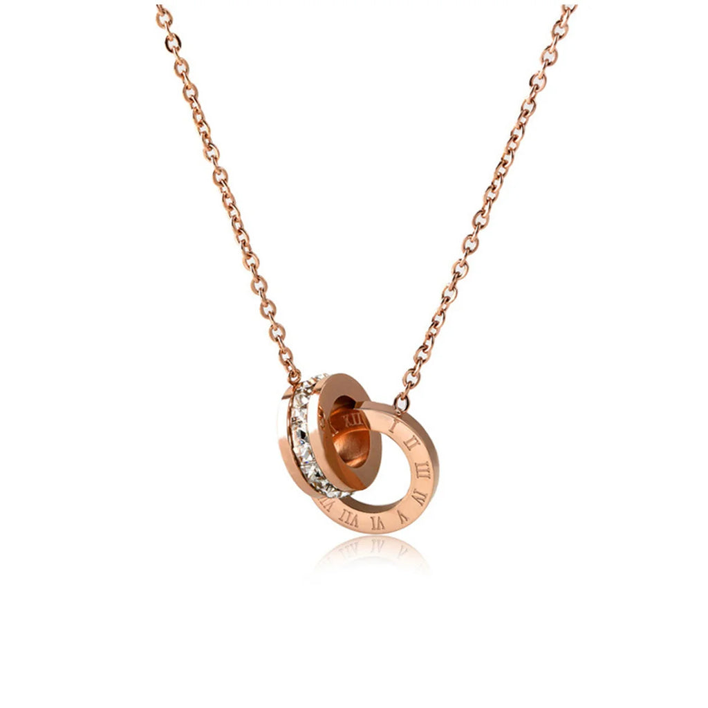 Fashion Plated Stainless Steel Interlocking Circles Infinity Style Roman Numbers Wedding Statement Collar Necklace For Women Qme
