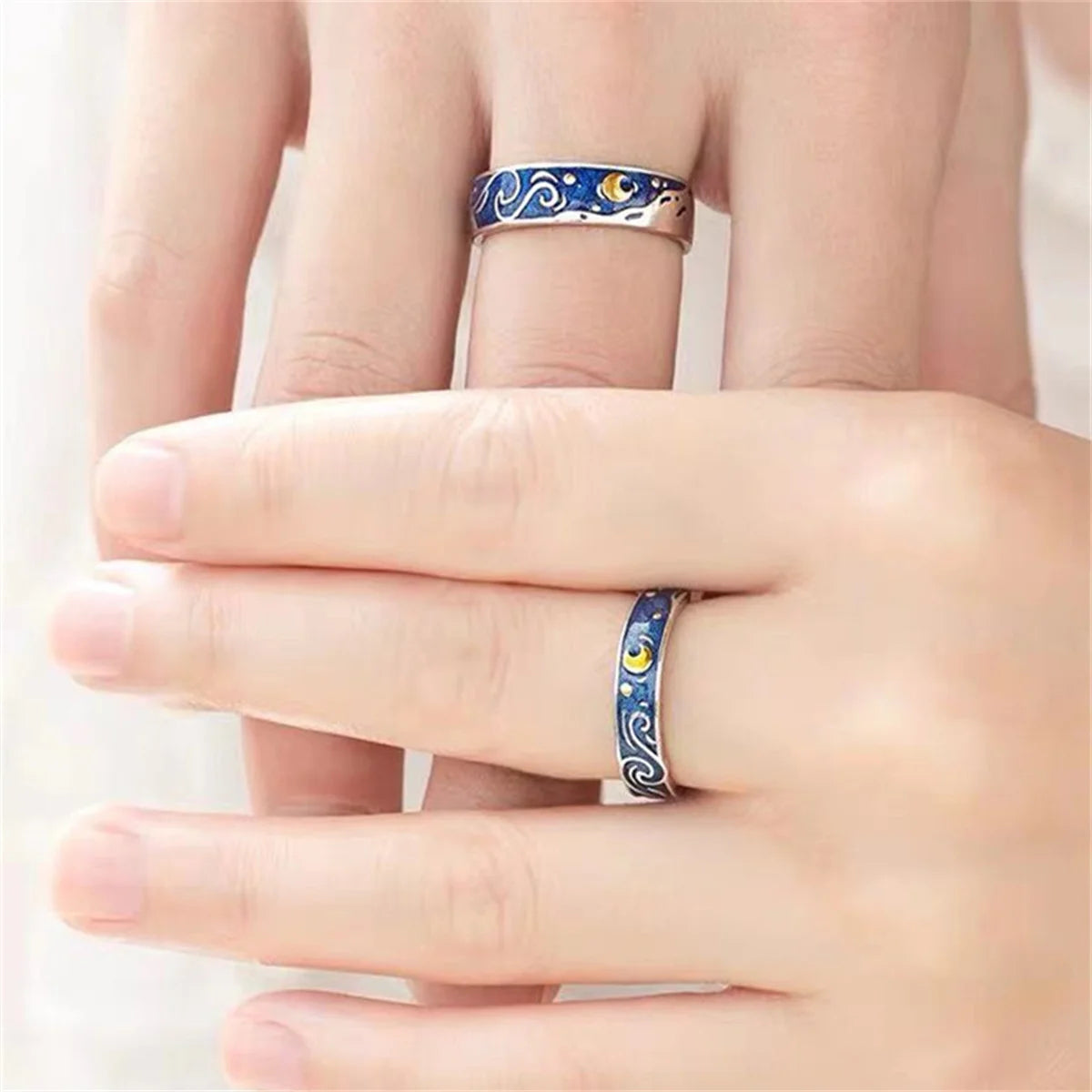 Romantic Star Moon Couple Rings Blue Starry Night Rings For Women Man Lovers Promise Engagement Wedding Ring Art Jewelry Girl Qme
