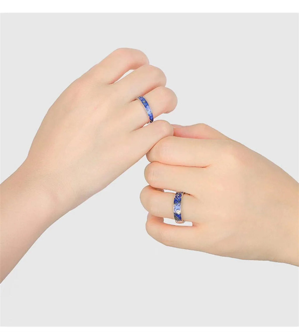 Romantic Star Moon Couple Rings Blue Starry Night Rings For Women Man Lovers Promise Engagement Wedding Ring Art Jewelry Girl Qme