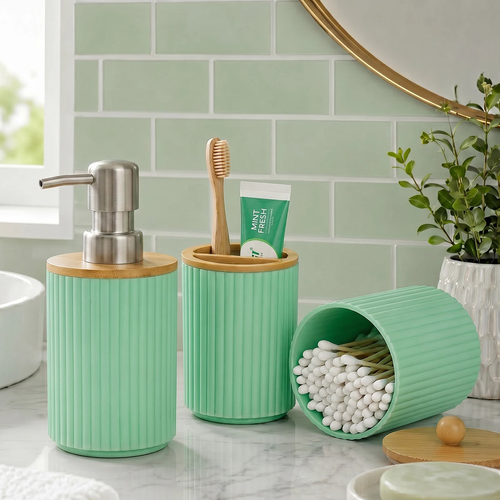 Bathoorm Accessories Set Modern Farmhouse Ribbed Bathroom Decor Set with Liquid Soap Dispenser Toothbrush Holder Cotton Swab Jar Qme