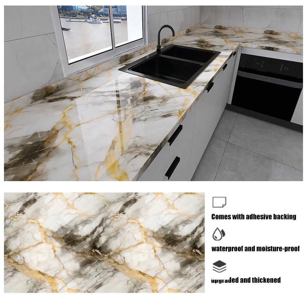 Self Adhesive European Style Marble Pattern Wall Sticker Heat Resistant Moisture Proof Wallpaper for Bedroom Living Room Kitchen Qme 8 40cmX5m