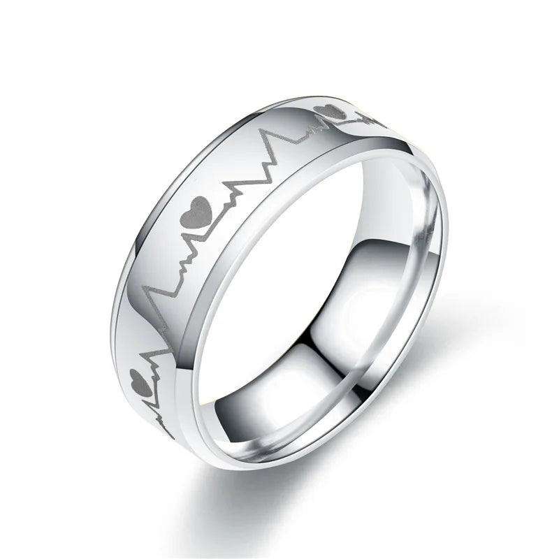 6mm Punk Rings Men/Women Titanium Steel Black Electrocardiogram Wave heartbeat Ring Fashion Jewelry Simple Style Qme