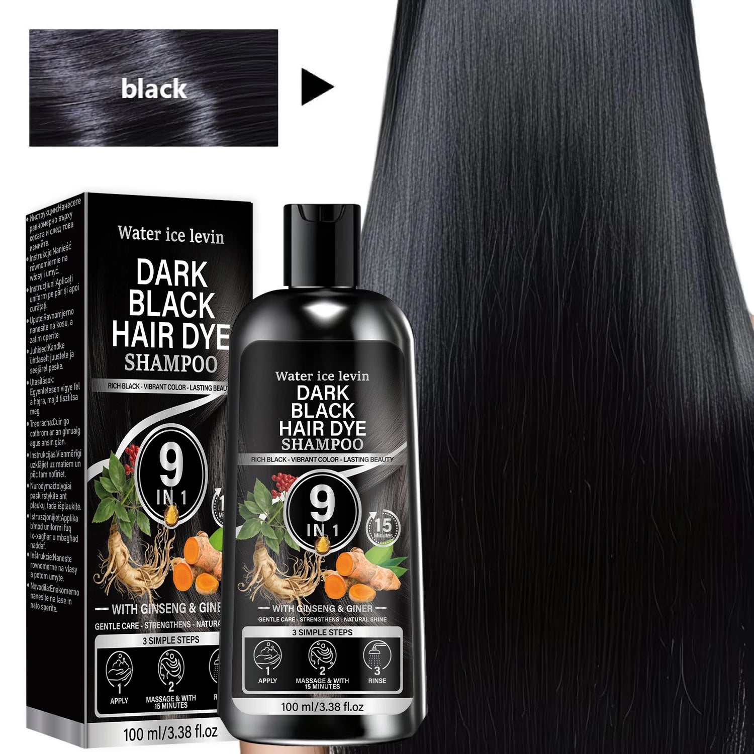 Water Ice Levin Plant Black Hair Dye Shampoo 100ml Ginseng Ginger Mild Coloring Nourish Scalp Long Lasting Hair Care Qme