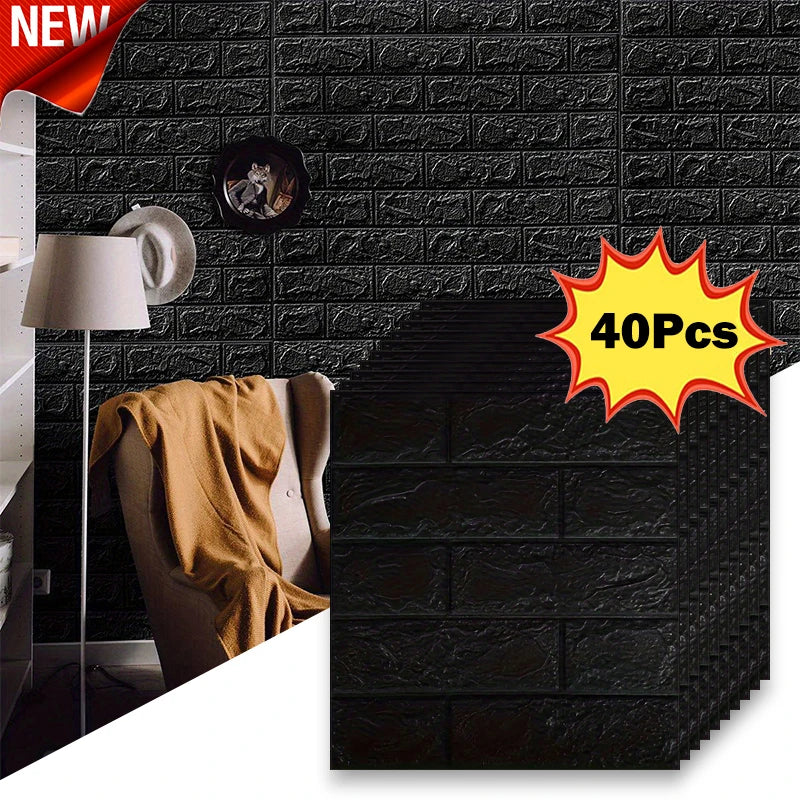 Black Brick Pattern Wallpaper Thick Waterproof and Moisture-Proof Living Room Bedroom Decorative Sticker Self-Adhesive Qme Black 40Pcs 38.5X35cm