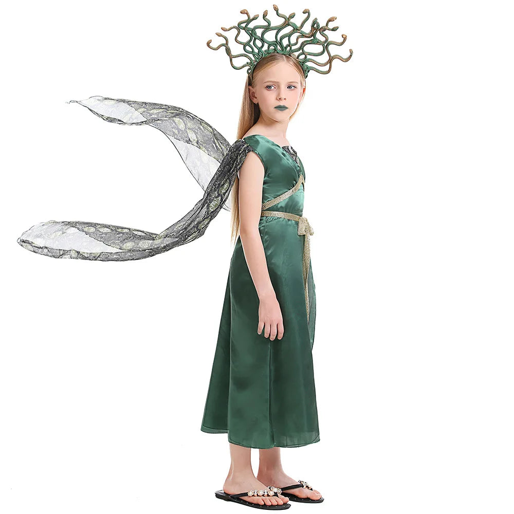 Girl Medusa Cosplay Costumes Greek Mythology Gorgon Medusa Gorgon Dress Headdress Kids Halloween Performance Outfit Qme Dress Headdress S