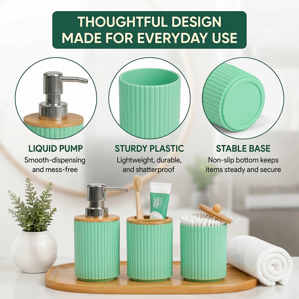 Bathoorm Accessories Set Modern Farmhouse Ribbed Bathroom Decor Set with Liquid Soap Dispenser Toothbrush Holder Cotton Swab Jar Qme