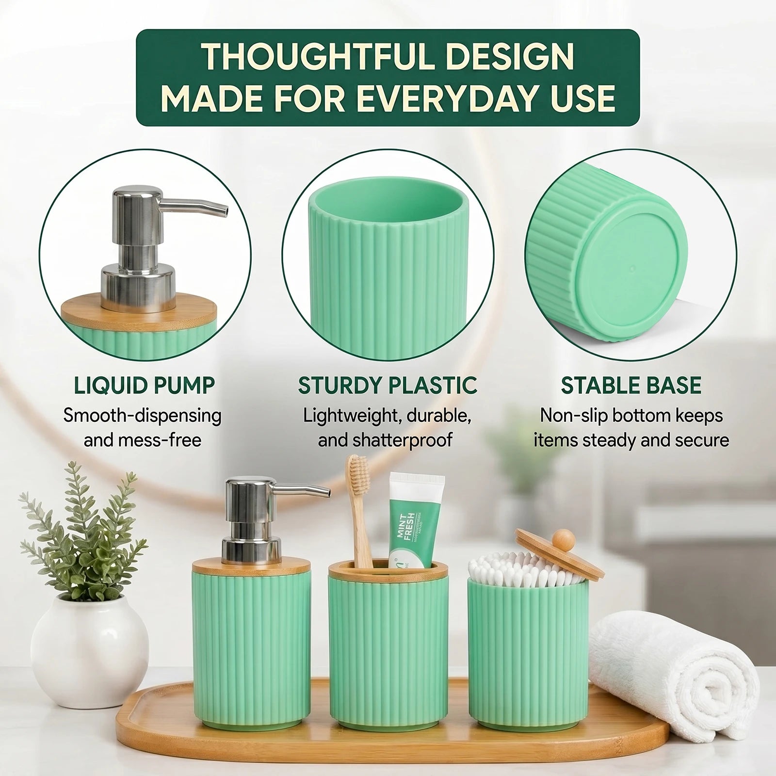 Bathoorm Accessories Set Modern Farmhouse Ribbed Bathroom Decor Set with Liquid Soap Dispenser Toothbrush Holder Cotton Swab Jar Qme