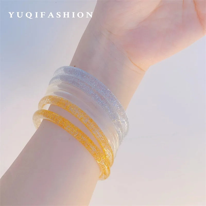 Colorful Fine Acrylic Resin Geometric Round Thin Bracelet Vintage Transparent Shiny Geometry Round Bangle For Women Jewelry Girl Qme