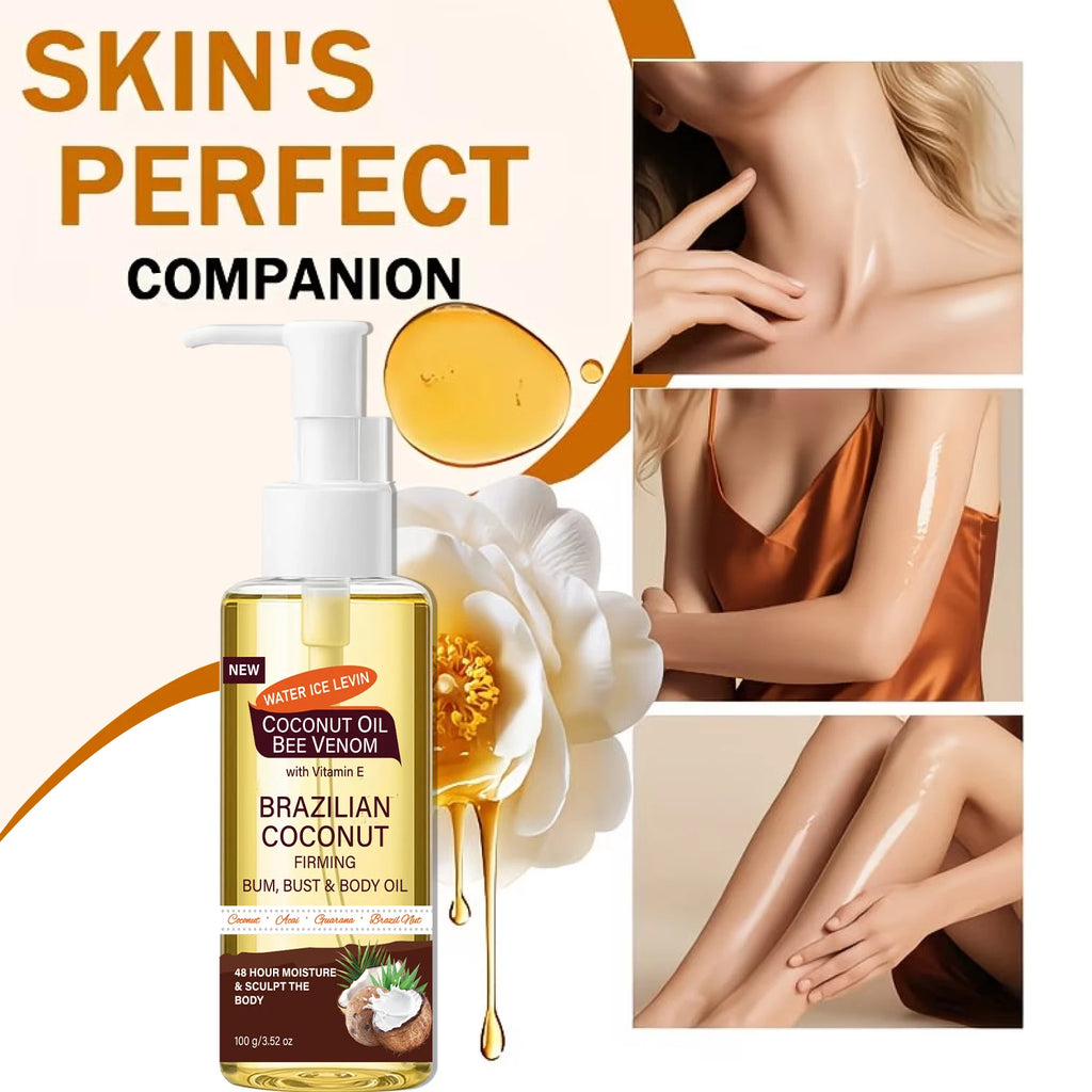 Brazilian Coconut Firming Body Oil, 48H Moisture & Sculpting with Acai, Guarana & Hyaluronic Acid for Bum & Bust Qme