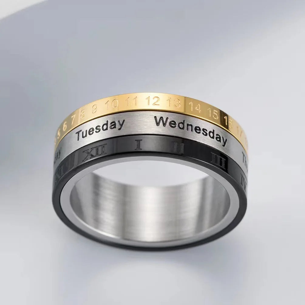 Titanium Steel Cool Punk Spinner Male Date Time Calendar Creative Rotatable 3 Part Roman Numerals Ring Mens Anxiety Fidget Rings Qme