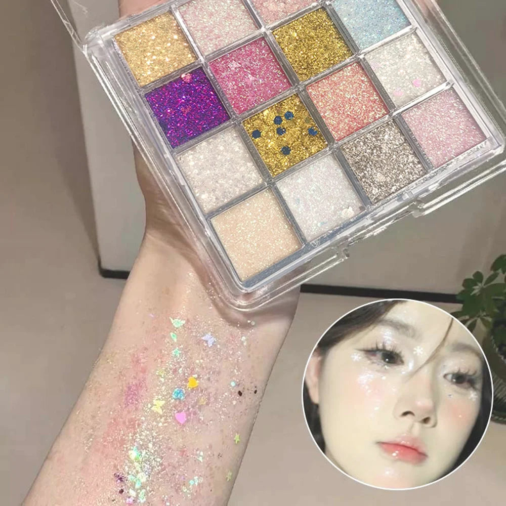 16-Color Glitter Eyeshadow Pumpkin Cherry Blue Purple Shades Bold Qme