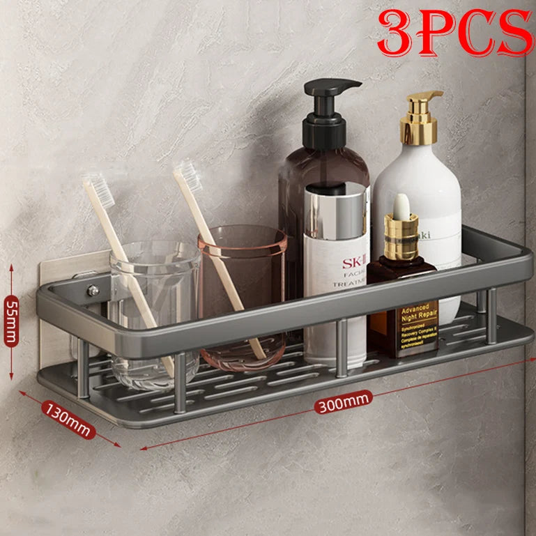 High Quality Wall Mounted Rectangular Rack Bathroom Storage Rack Towel Rack Wall Shower Shampoo Rack Drill Free Rack Tripod Qme grey-B-3Pcs