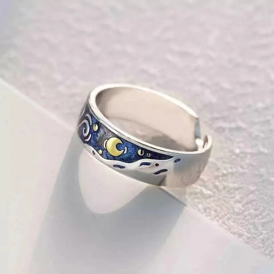 Romantic Star Moon Couple Rings Blue Starry Night Rings For Women Man Lovers Promise Engagement Wedding Ring Art Jewelry Girl Qme Men resizable