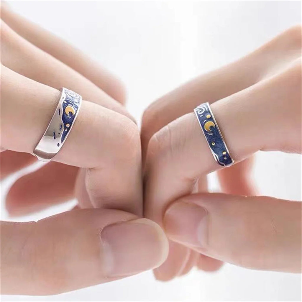 Romantic Star Moon Couple Rings Blue Starry Night Rings For Women Man Lovers Promise Engagement Wedding Ring Art Jewelry Girl Qme