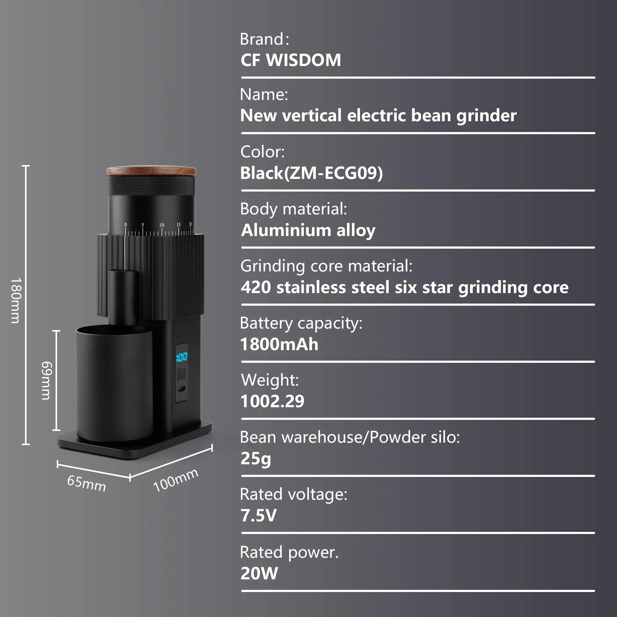 Coffee Grinder Electric Portable Bean USB Rechargeable Burr Mill Home Qme ZM-ECG09