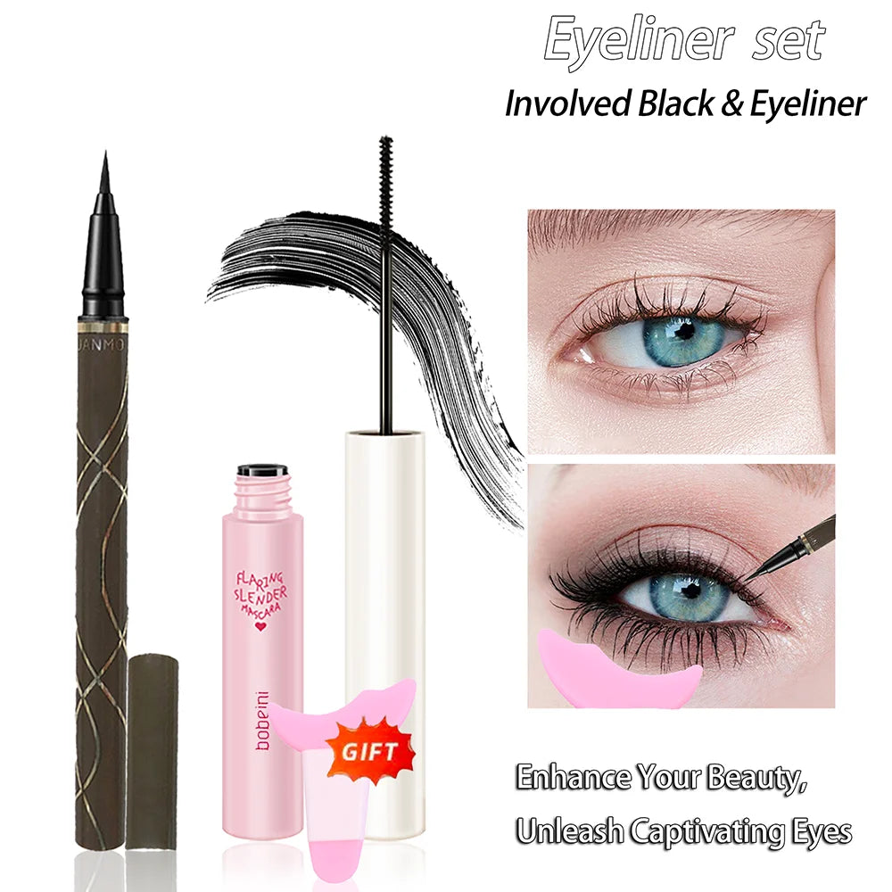 Silk Fiber Curling Mascara Ultra-fine Brush Lengthening Volumizing Qme eyeliner and 01 set