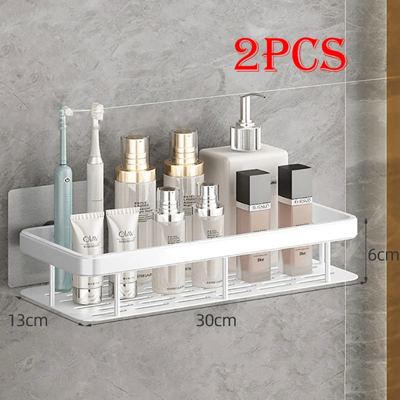 High Quality Wall Mounted Rectangular Rack Bathroom Storage Rack Towel Rack Wall Shower Shampoo Rack Drill Free Rack Tripod Qme white-B-2Pcs