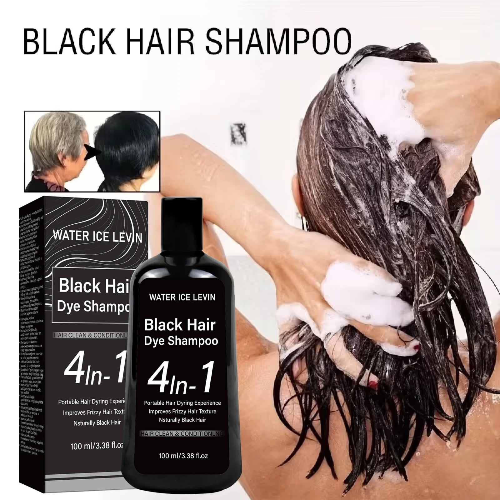 Water Ice Levin Natural Black Hair Dye Shampoo 100ml Ginger Ginseng Plant Extract Mild Coloring Smooth Dry Frizzy Hair Qme